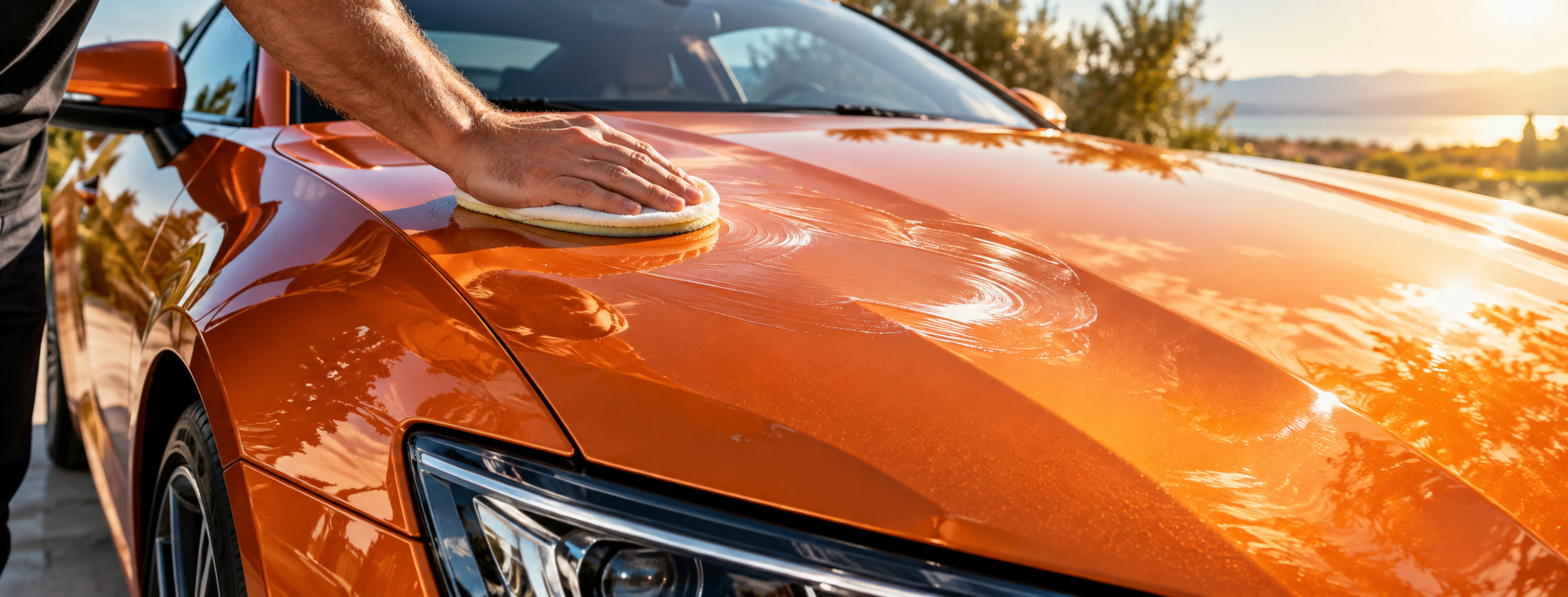application de cire sur une carrosserie orange, reflets du soleil