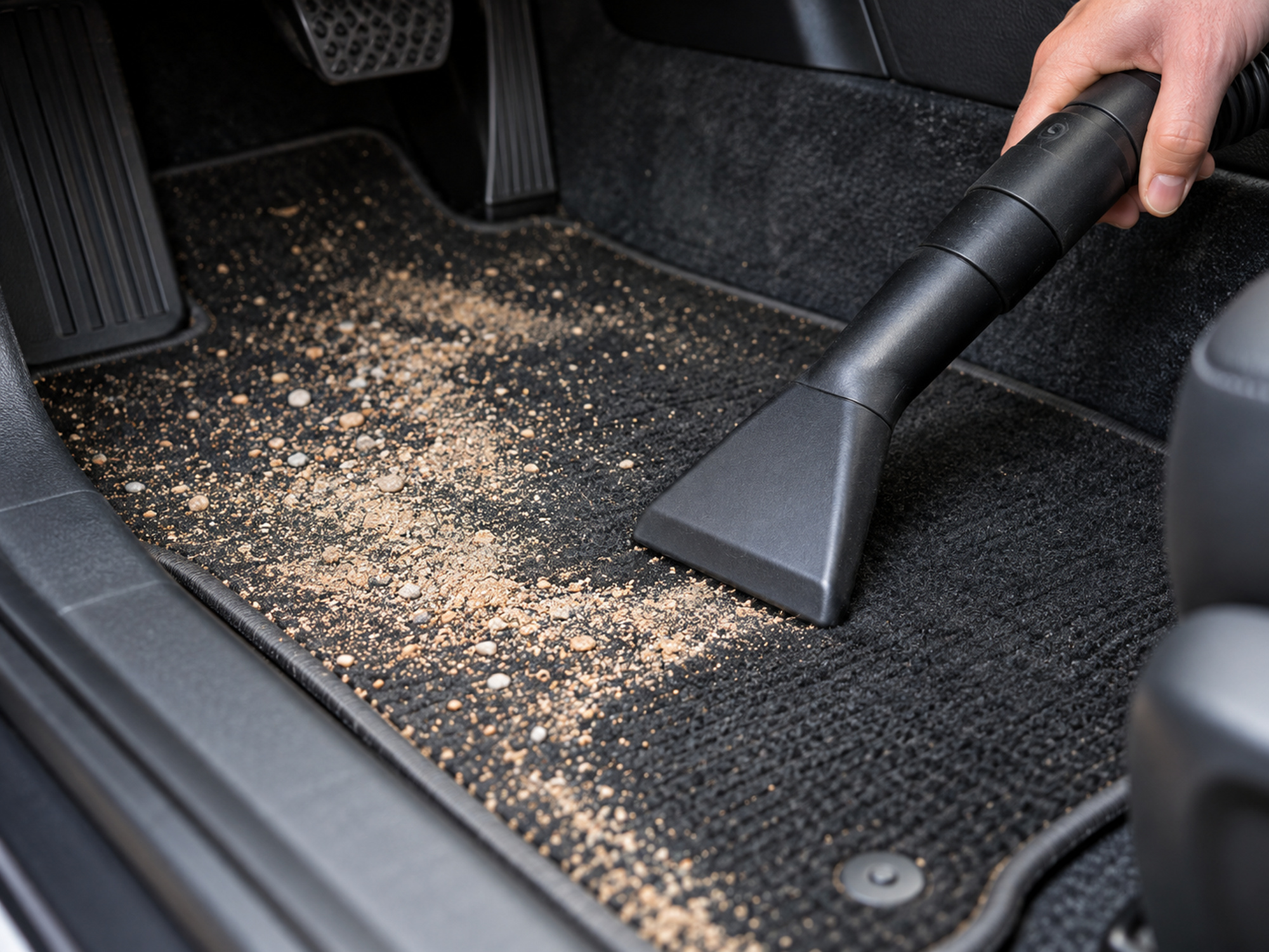 aspirateur retirant du sable d'un tapis de voiture, gros plan